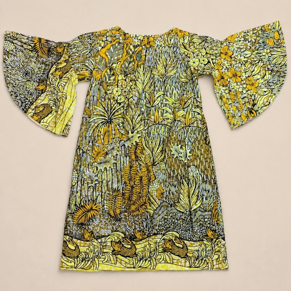 Handmade African Wax Print Ankara Shift Dress Bell Sleeve Botanical Fish Small